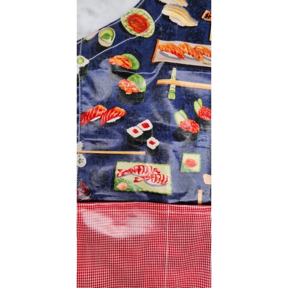 Icky KIDS Cooking Tie Apron Sushi Food Design Plastic One Size Red Blue Pockets - Picture 2 of 9